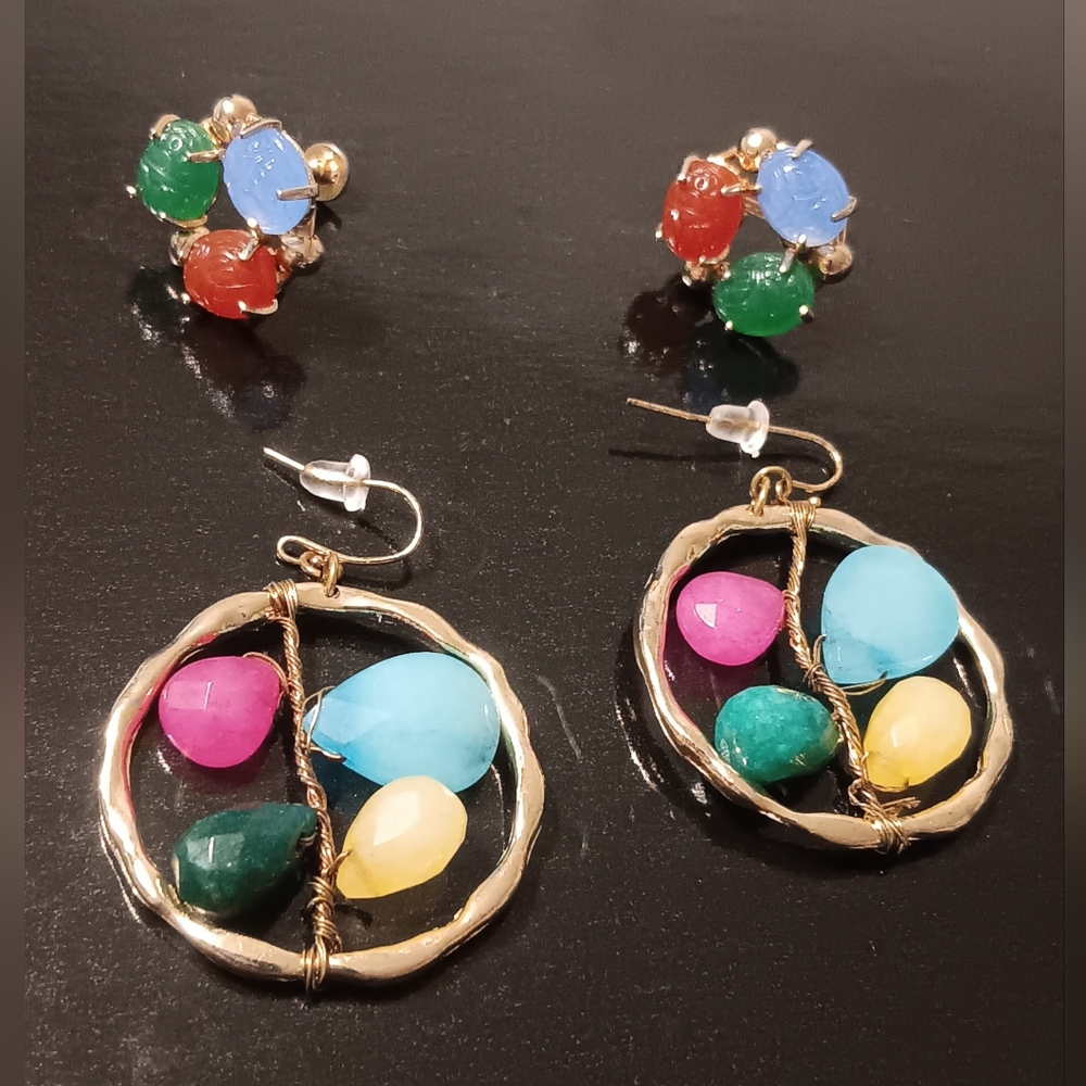 2 Sets Earrings Glass Scarab Screwback/Hook Gold Tone Multicolor EgyptianRevival